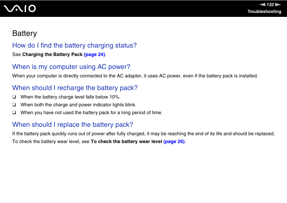 Battery, How do i find the battery charging status, When is my computer using ac power | When should i recharge the battery pack, When should i replace the battery pack | Sony VAIO VGN-FW200 User Manual | Page 132 / 186