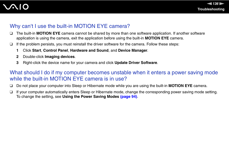 Why can't i use the built-in motion eye camera | Sony VAIO VGN-FW200 User Manual | Page 136 / 186