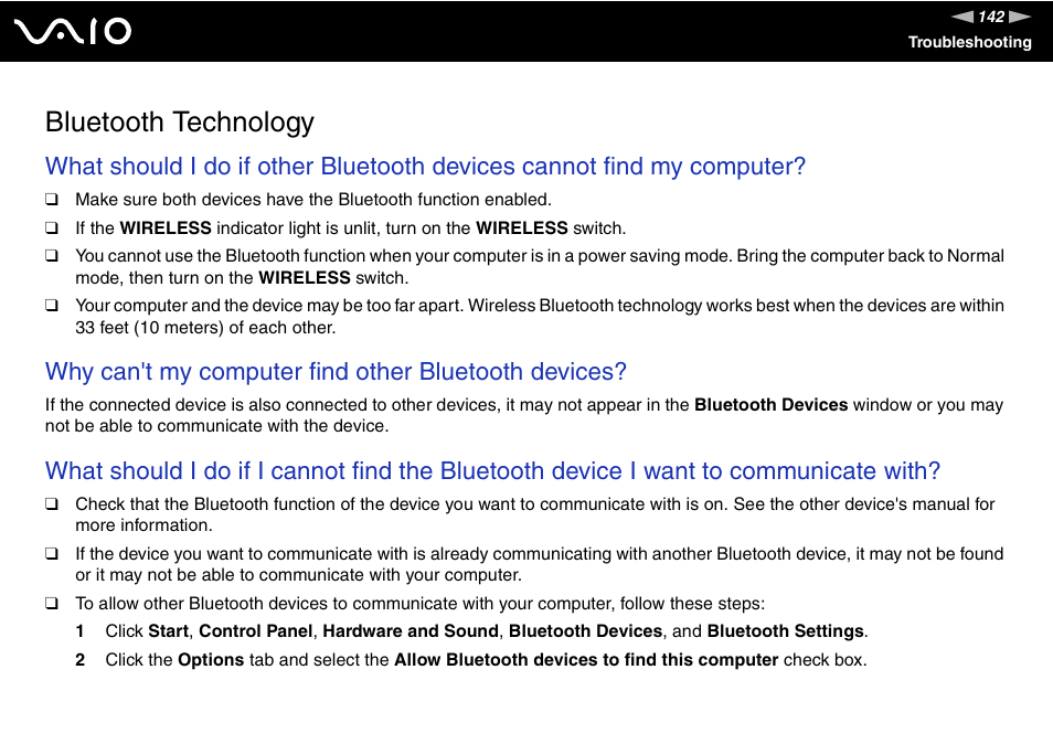 Bluetooth technology, Why can't my computer find other bluetooth devices | Sony VAIO VGN-FW200 User Manual | Page 142 / 186