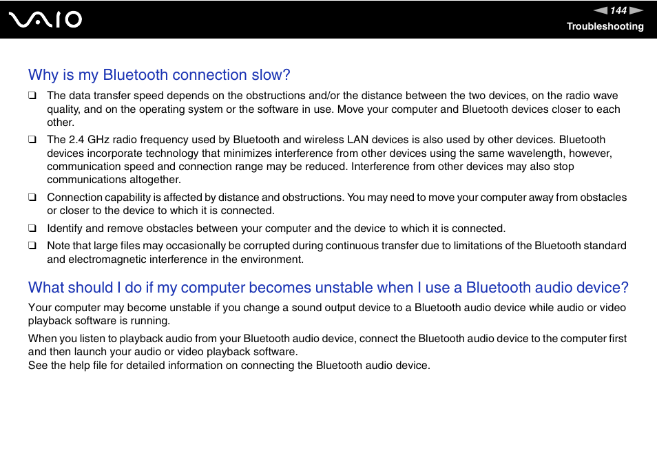 Why is my bluetooth connection slow | Sony VAIO VGN-FW200 User Manual | Page 144 / 186