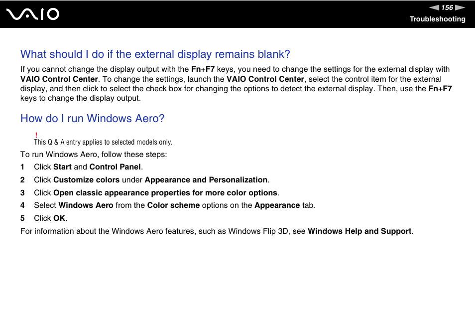 How do i run windows aero | Sony VAIO VGN-FW200 User Manual | Page 156 / 186