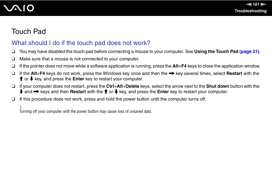 Touch pad, What should i do if the touch pad does not work | Sony VAIO VGN-FW200 User Manual | Page 161 / 186