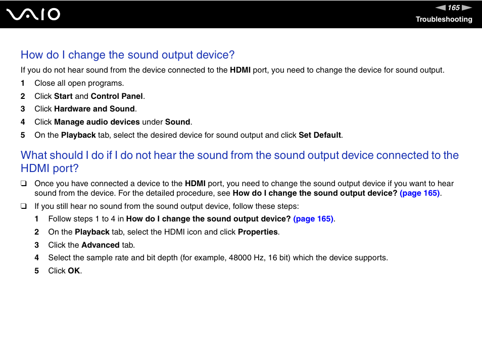 How do i change the sound output device | Sony VAIO VGN-FW200 User Manual | Page 165 / 186