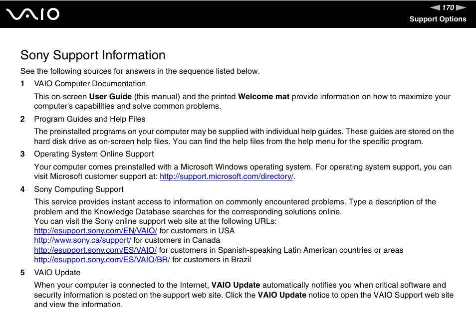 Sony support information, To vi | Sony VAIO VGN-FW200 User Manual | Page 170 / 186