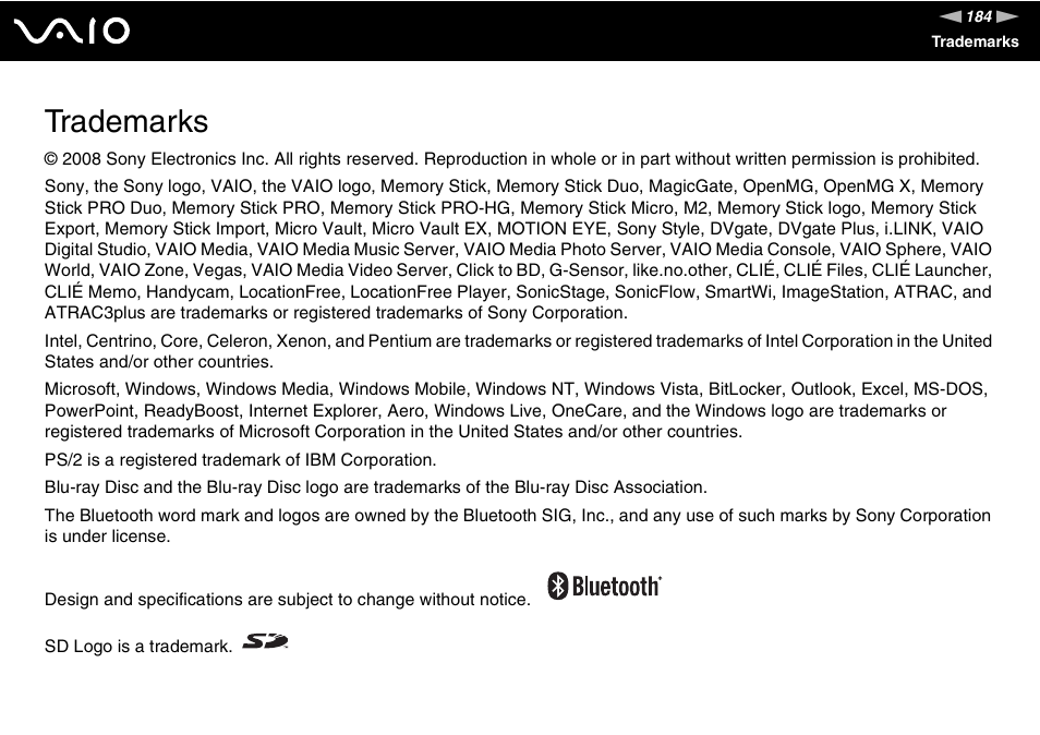 Trademarks | Sony VAIO VGN-FW200 User Manual | Page 184 / 186