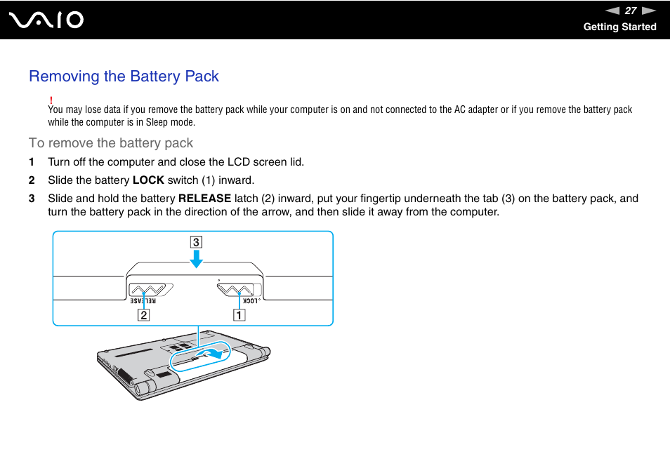 Removing the battery pack | Sony VAIO VGN-FW200 User Manual | Page 27 / 186