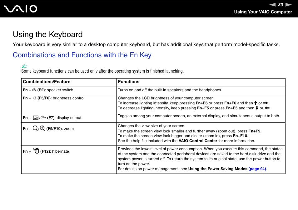 Using the keyboard, Combinations and functions with the fn key | Sony VAIO VGN-FW200 User Manual | Page 30 / 186