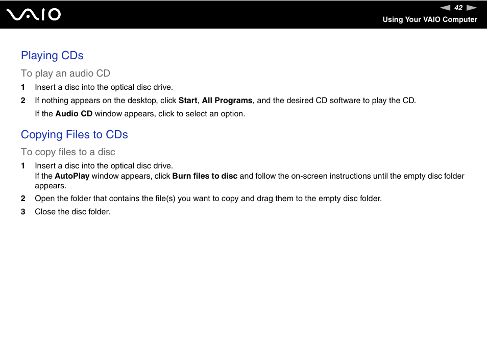 Playing cds, Copying files to cds | Sony VAIO VGN-FW200 User Manual | Page 42 / 186