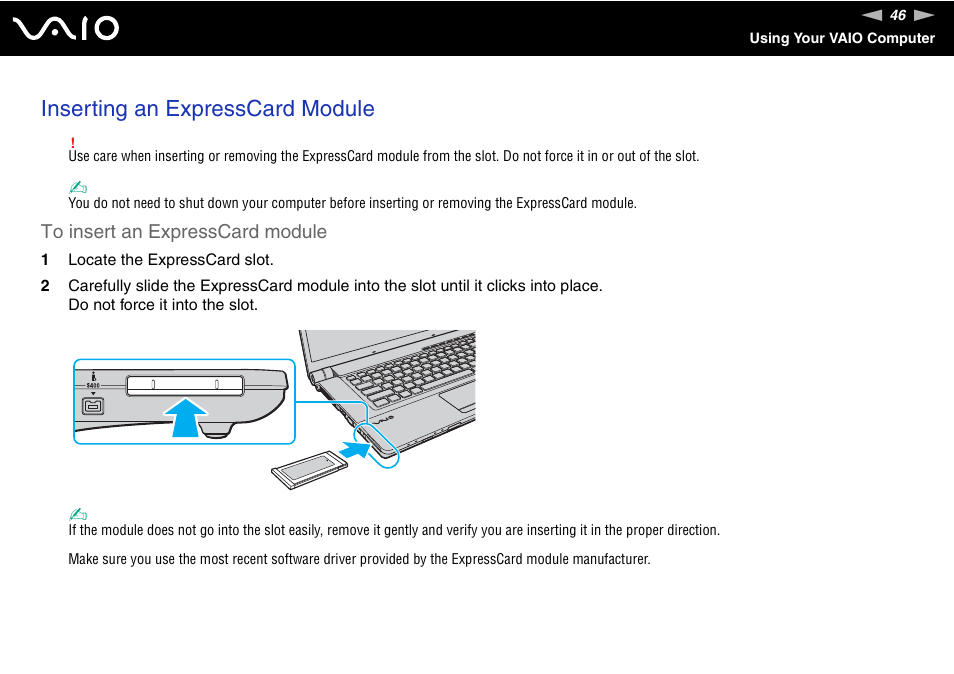 Inserting an expresscard module | Sony VAIO VGN-FW200 User Manual | Page 46 / 186