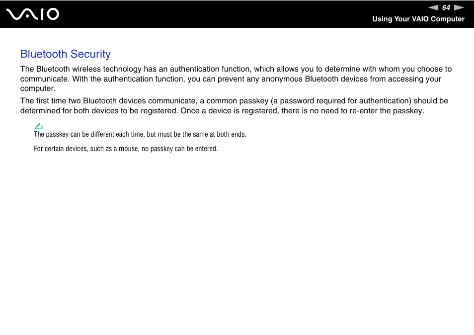 Bluetooth security | Sony VAIO VGN-FW200 User Manual | Page 64 / 186