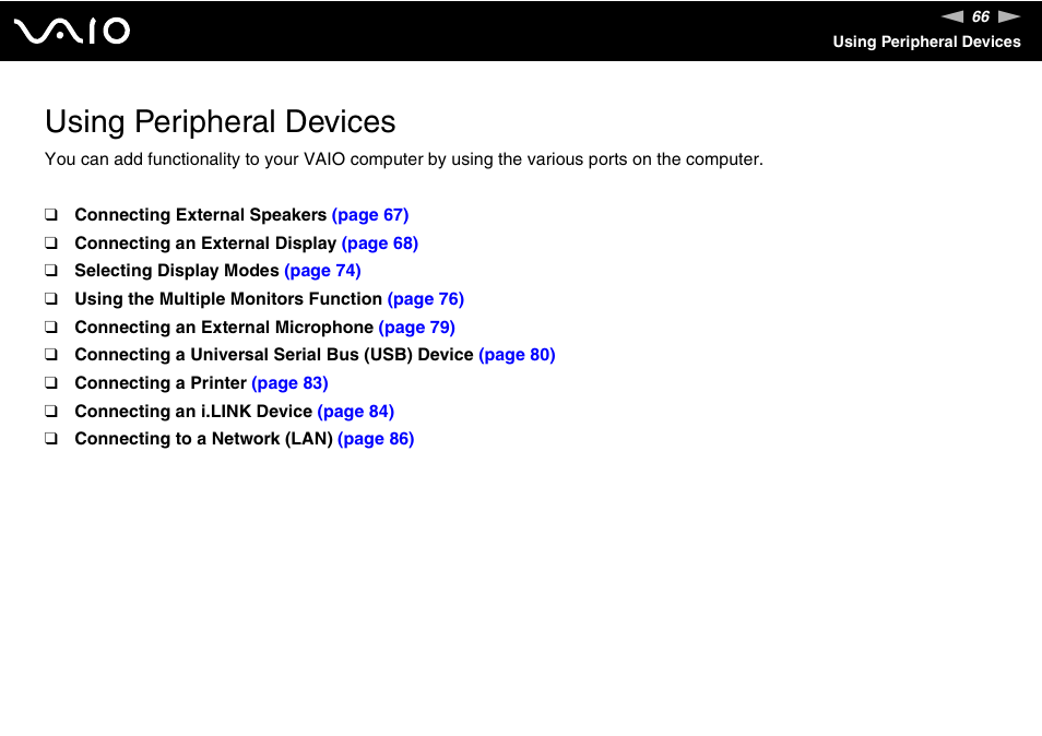 Using peripheral devices | Sony VAIO VGN-FW200 User Manual | Page 66 / 186