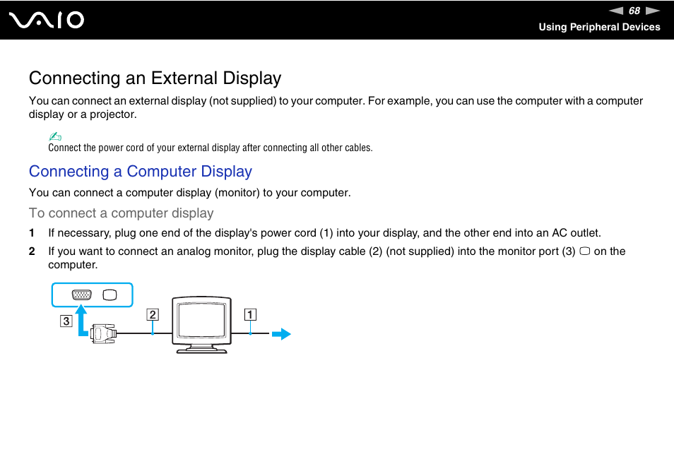 Connecting an external display, Connecting a computer display | Sony VAIO VGN-FW200 User Manual | Page 68 / 186