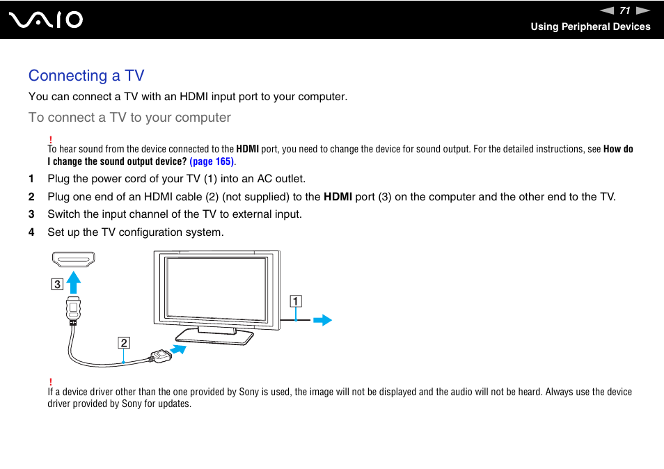 Connecting a tv | Sony VAIO VGN-FW200 User Manual | Page 71 / 186