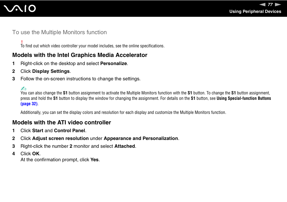 Models with the intel graphics media accelerator, Models with the ati video controller | Sony VAIO VGN-FW200 User Manual | Page 77 / 186