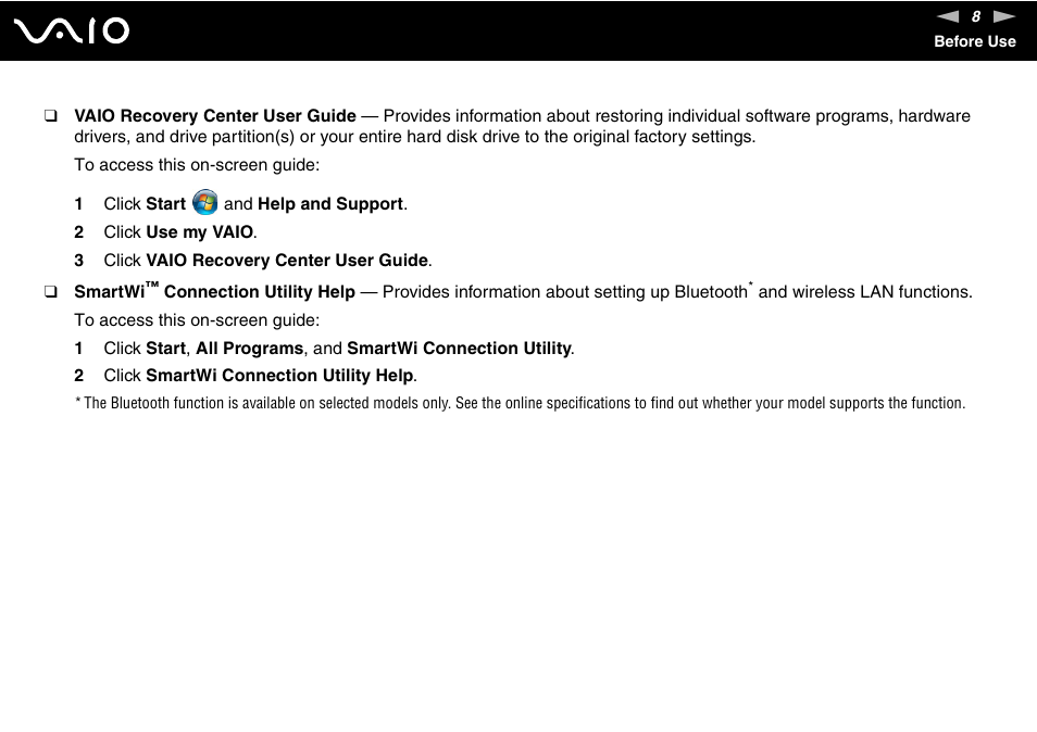 Sony VAIO VGN-FW200 User Manual | Page 8 / 186