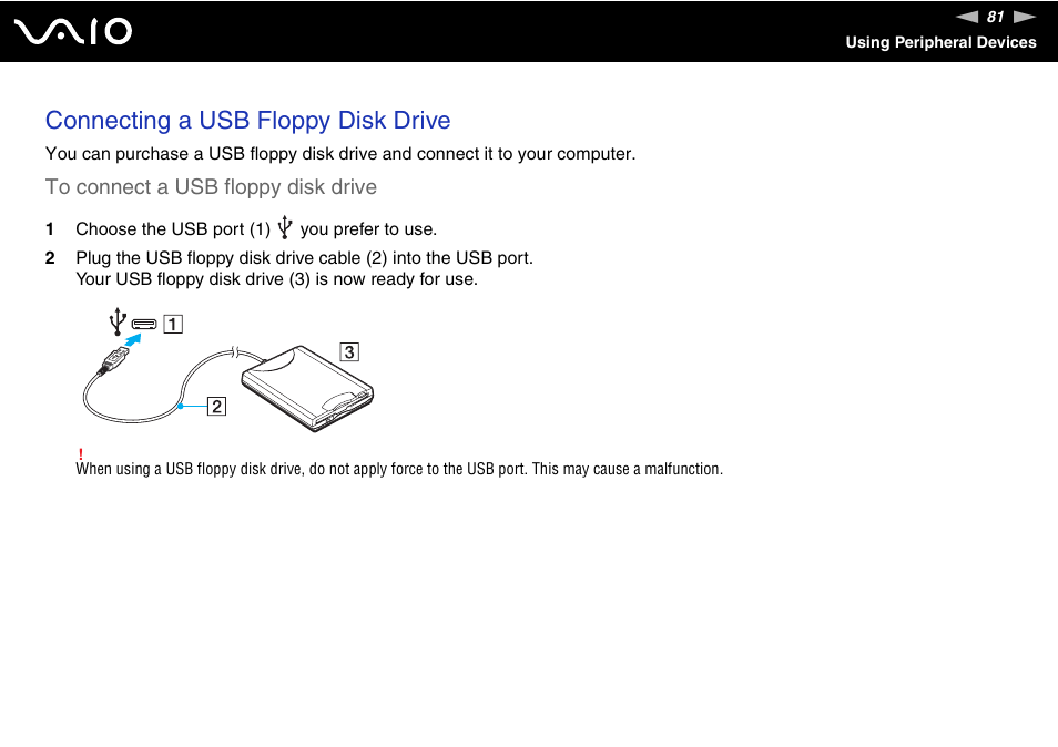 Connecting a usb floppy disk drive | Sony VAIO VGN-FW200 User Manual | Page 81 / 186