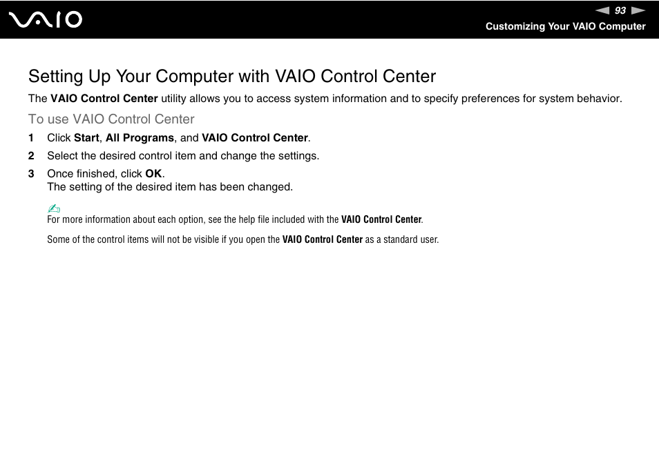 Setting up your computer with vaio control center | Sony VAIO VGN-FW200 User Manual | Page 93 / 186