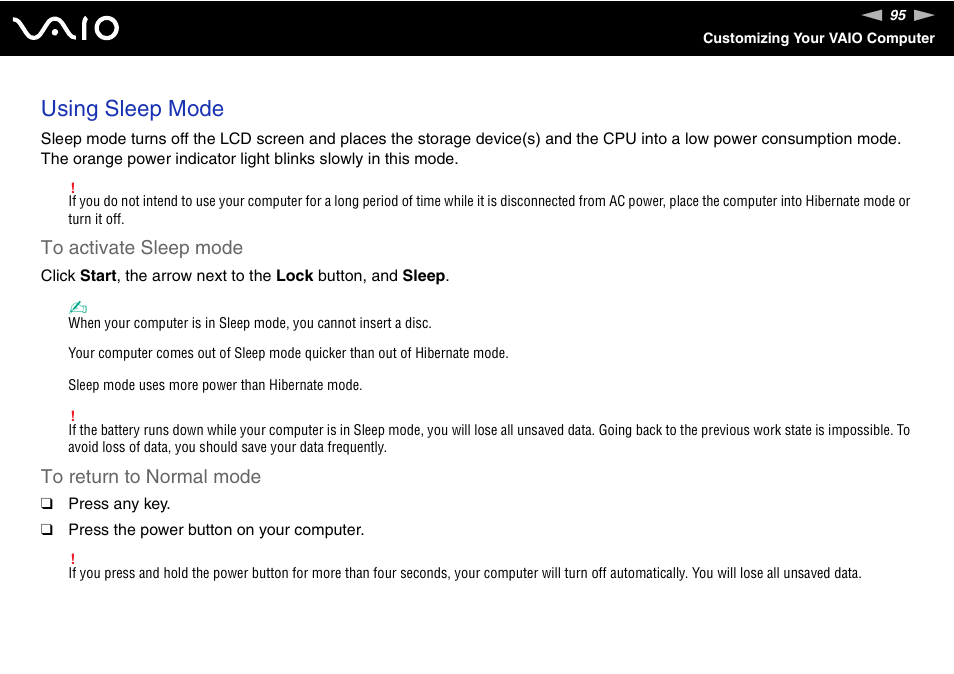 Using sleep mode | Sony VAIO VGN-FW200 User Manual | Page 95 / 186