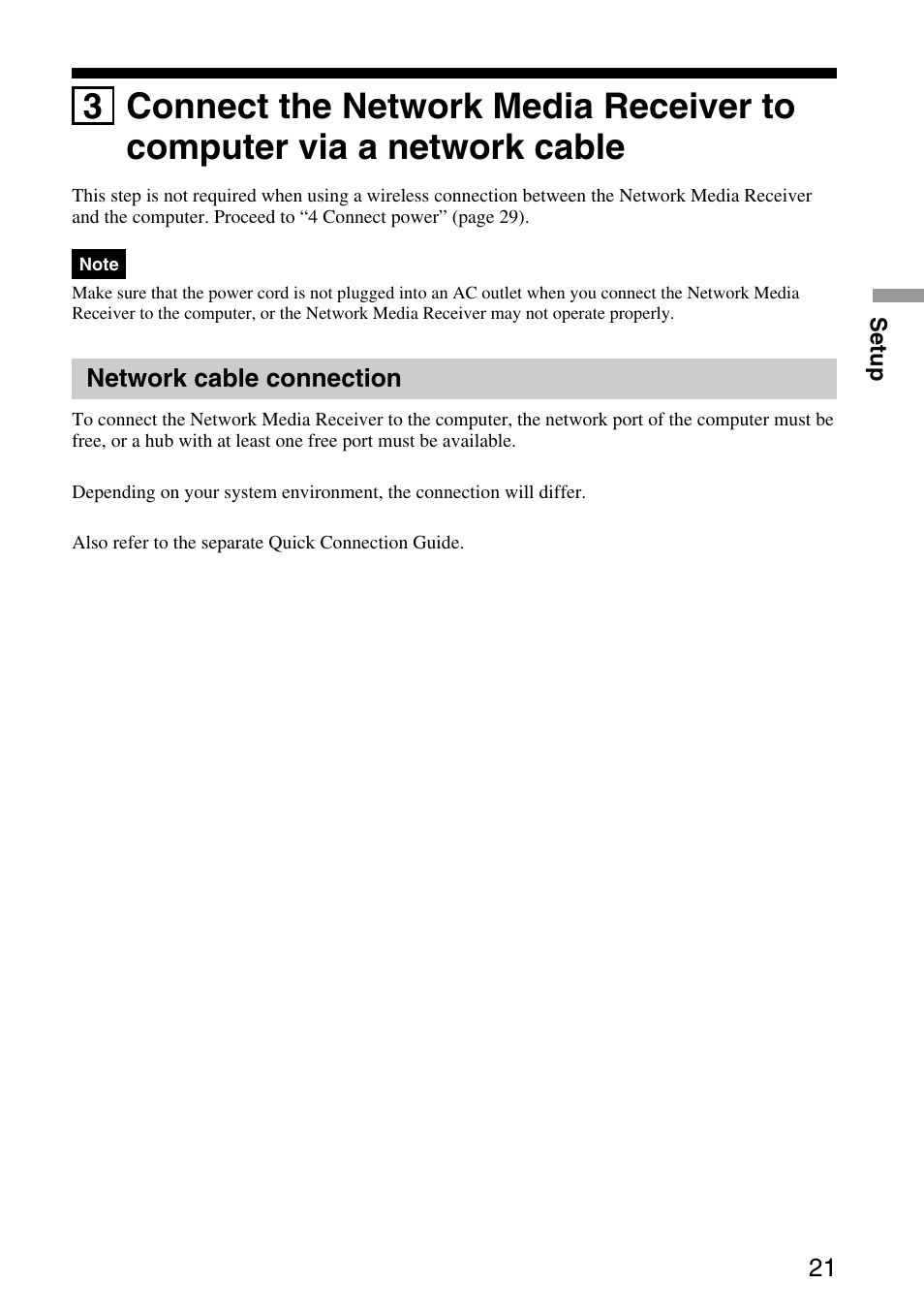 Network cable connection, 3 connect the network media receiver, To computer via a network cable | Sony VGP-MR100 User Manual | Page 21 / 69