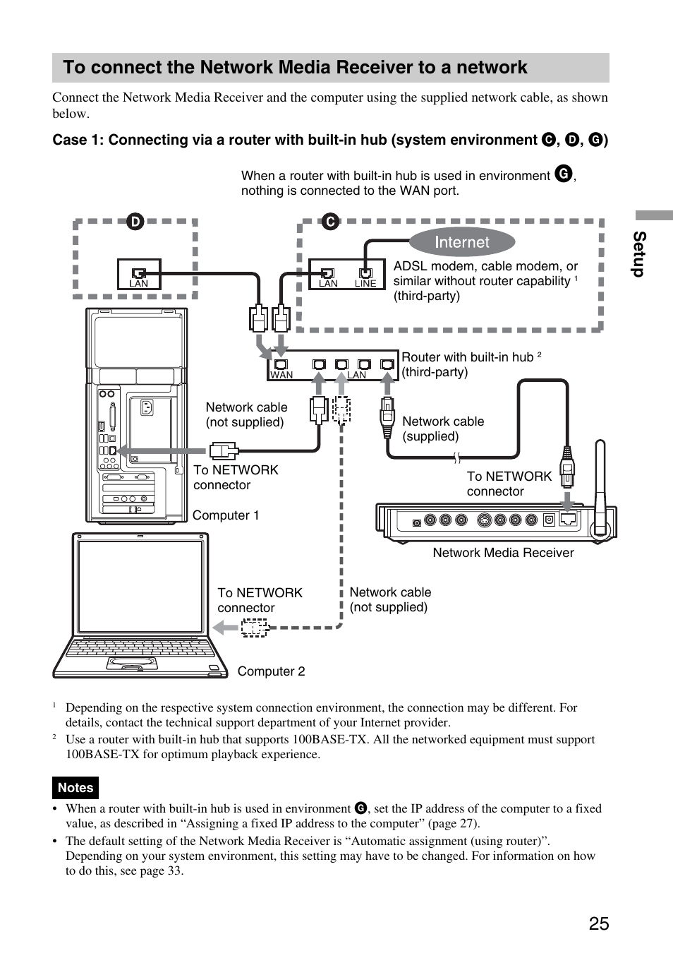 To connect the network media receiver to a network, To connect the network media, Receiver to a network | Setup | Sony VGP-MR100 User Manual | Page 25 / 69