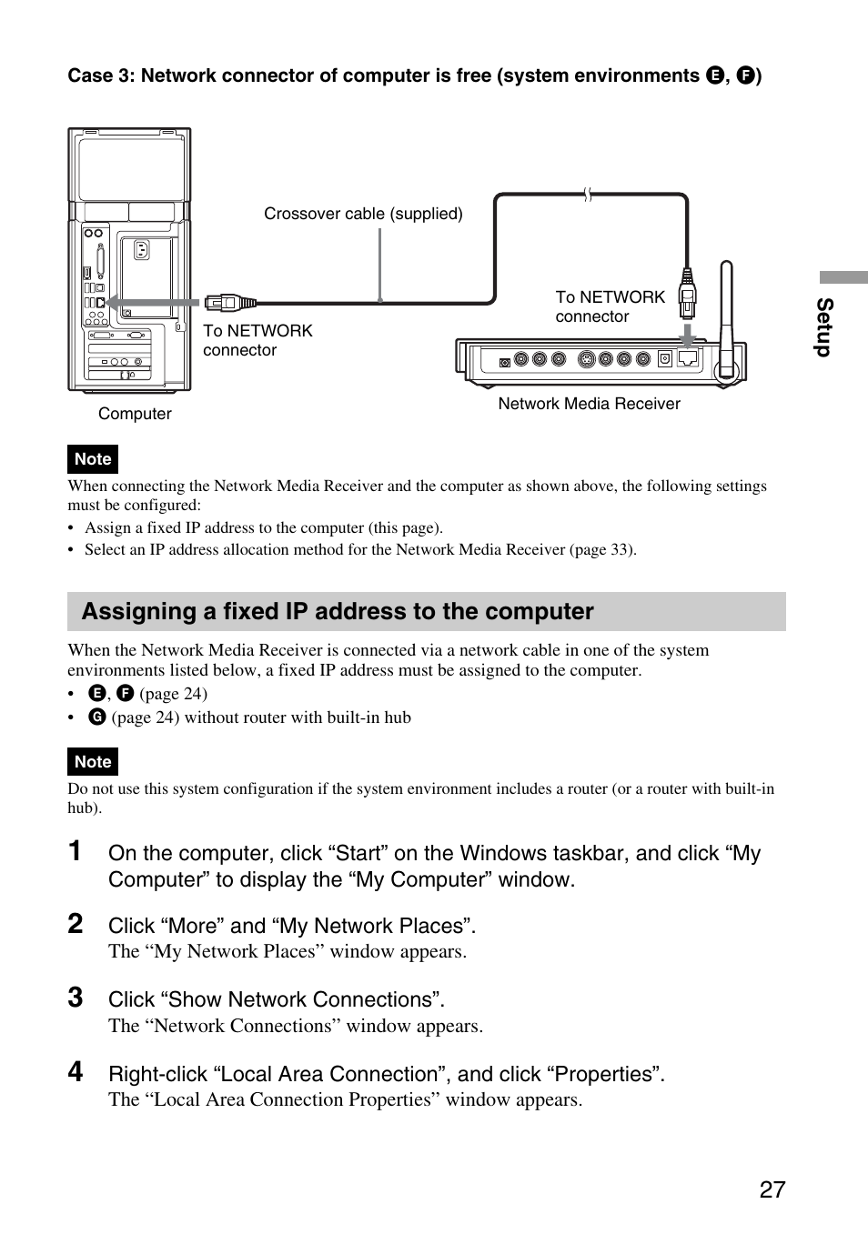 Assigning a fixed ip address to the computer, Assigning a fixed ip address to the, Computer | Sony VGP-MR100 User Manual | Page 27 / 69