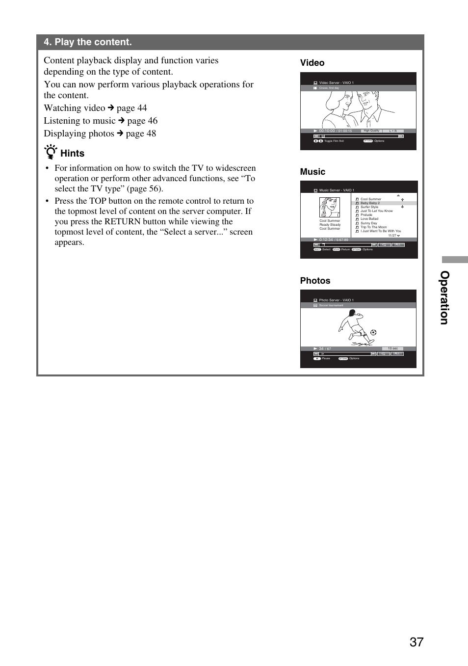 Operation, Hints, Video | Music, Photos | Sony VGP-MR100 User Manual | Page 37 / 69