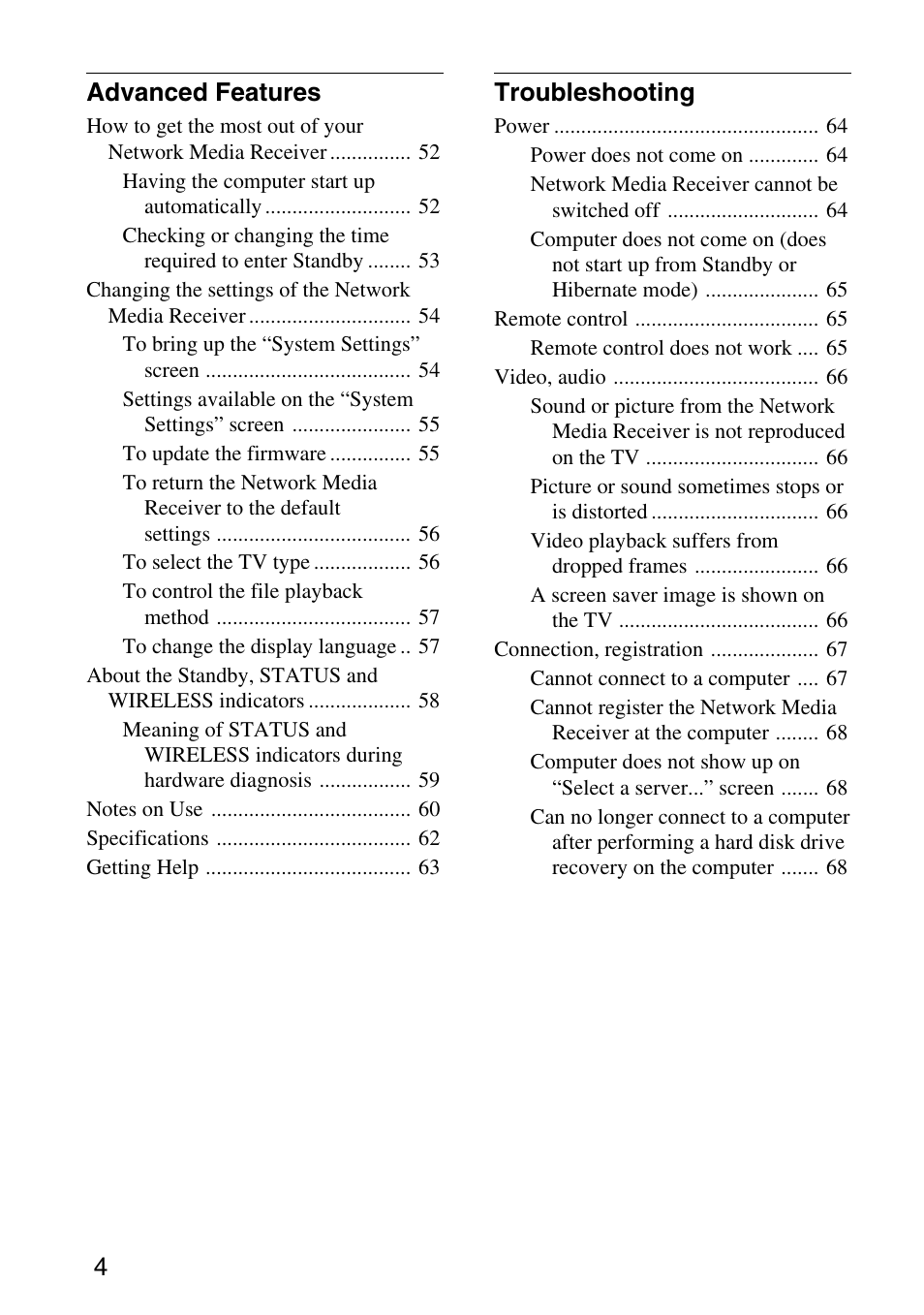 4advanced features, Troubleshooting | Sony VGP-MR100 User Manual | Page 4 / 69