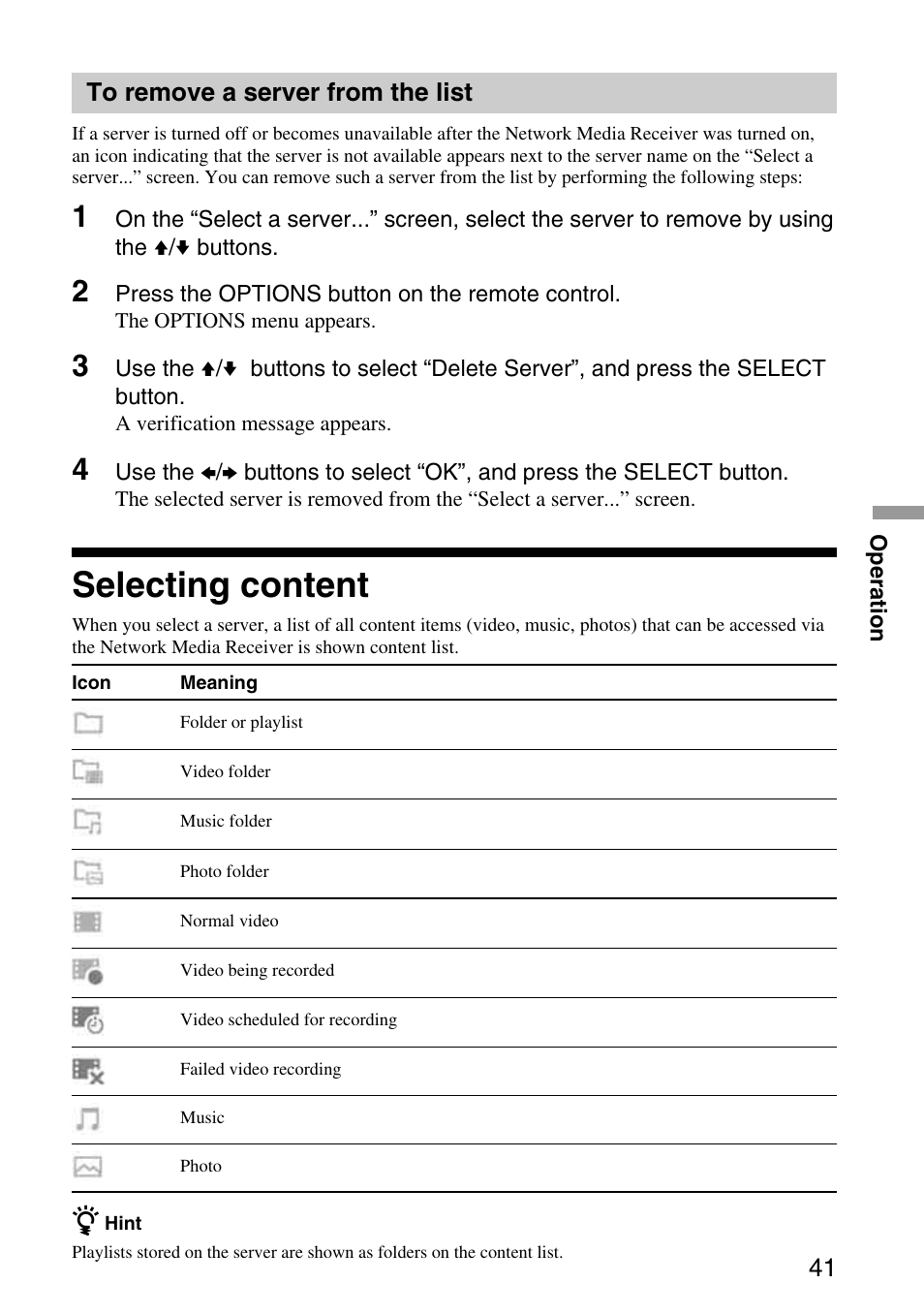 To remove a server from the list, Selecting content, To remove a server from | The list, 41 to remove a server from the list | Sony VGP-MR100 User Manual | Page 41 / 69