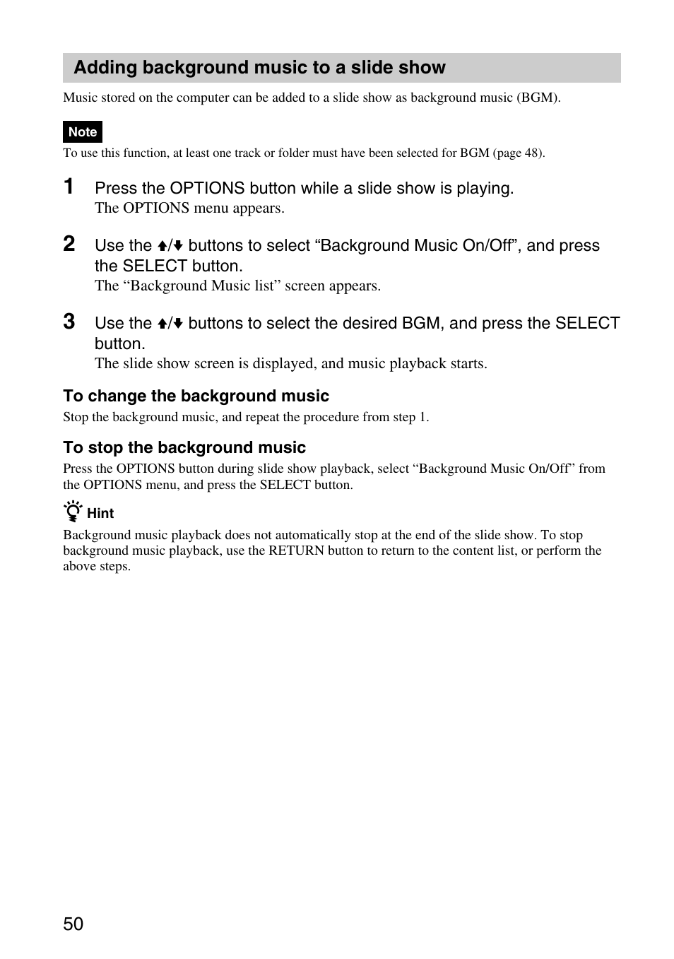 Adding background music to a slide show, Adding background music to a slide, Show | Sony VGP-MR100 User Manual | Page 50 / 69