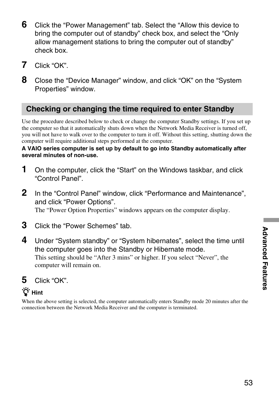 Checking or changing the time, Required to enter standby | Sony VGP-MR100 User Manual | Page 53 / 69