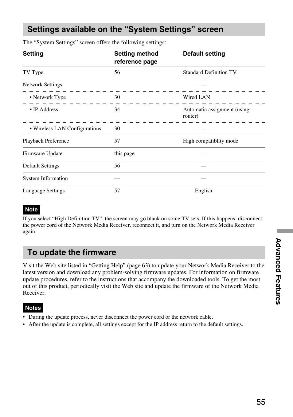 Settings available on the “system settings” screen, To update the firmware, Settings available on the “system | Settings” screen, Advanced features | Sony VGP-MR100 User Manual | Page 55 / 69