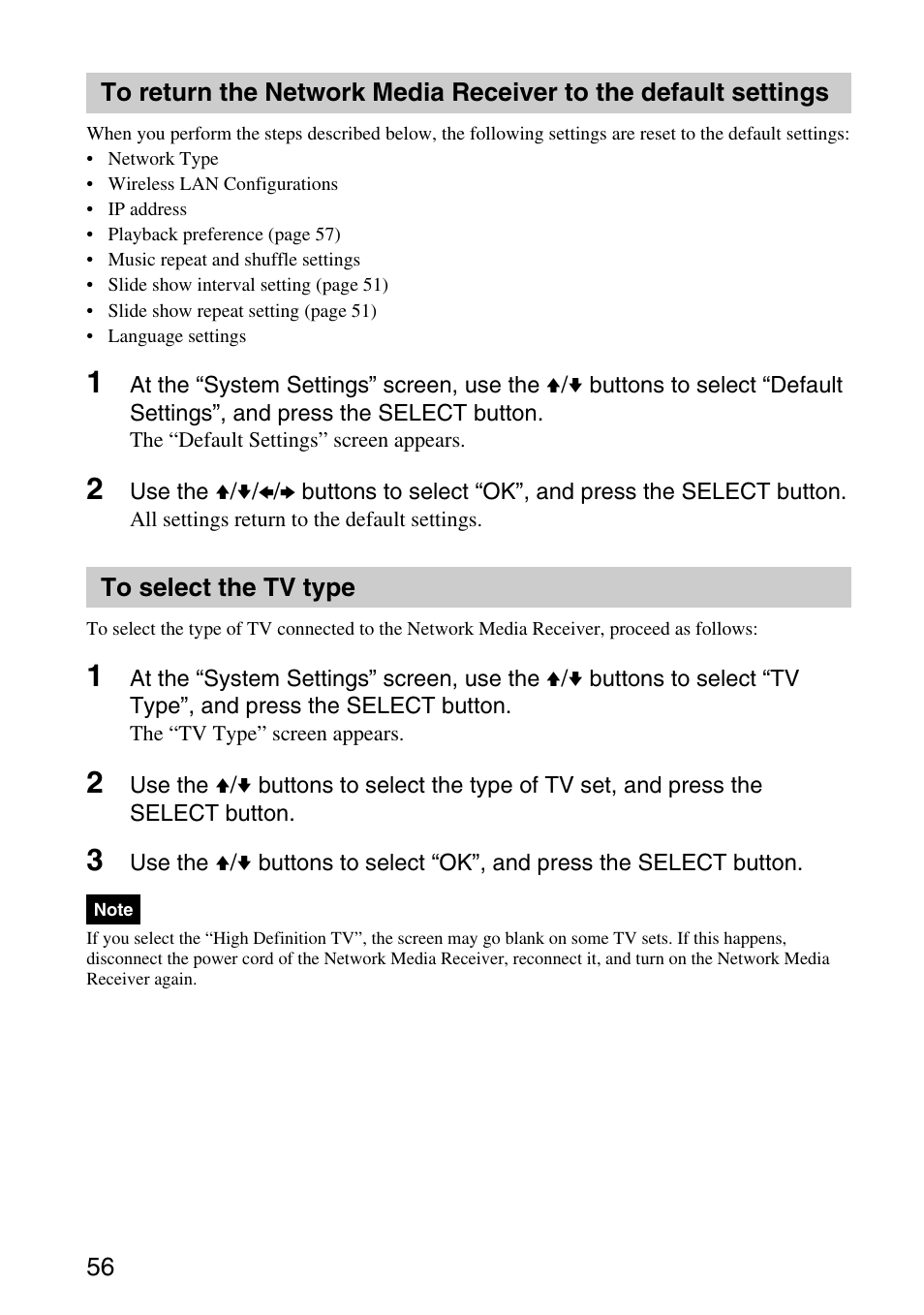 To select the tv type, To return the network media, Receiver to the default settings | Sony VGP-MR100 User Manual | Page 56 / 69