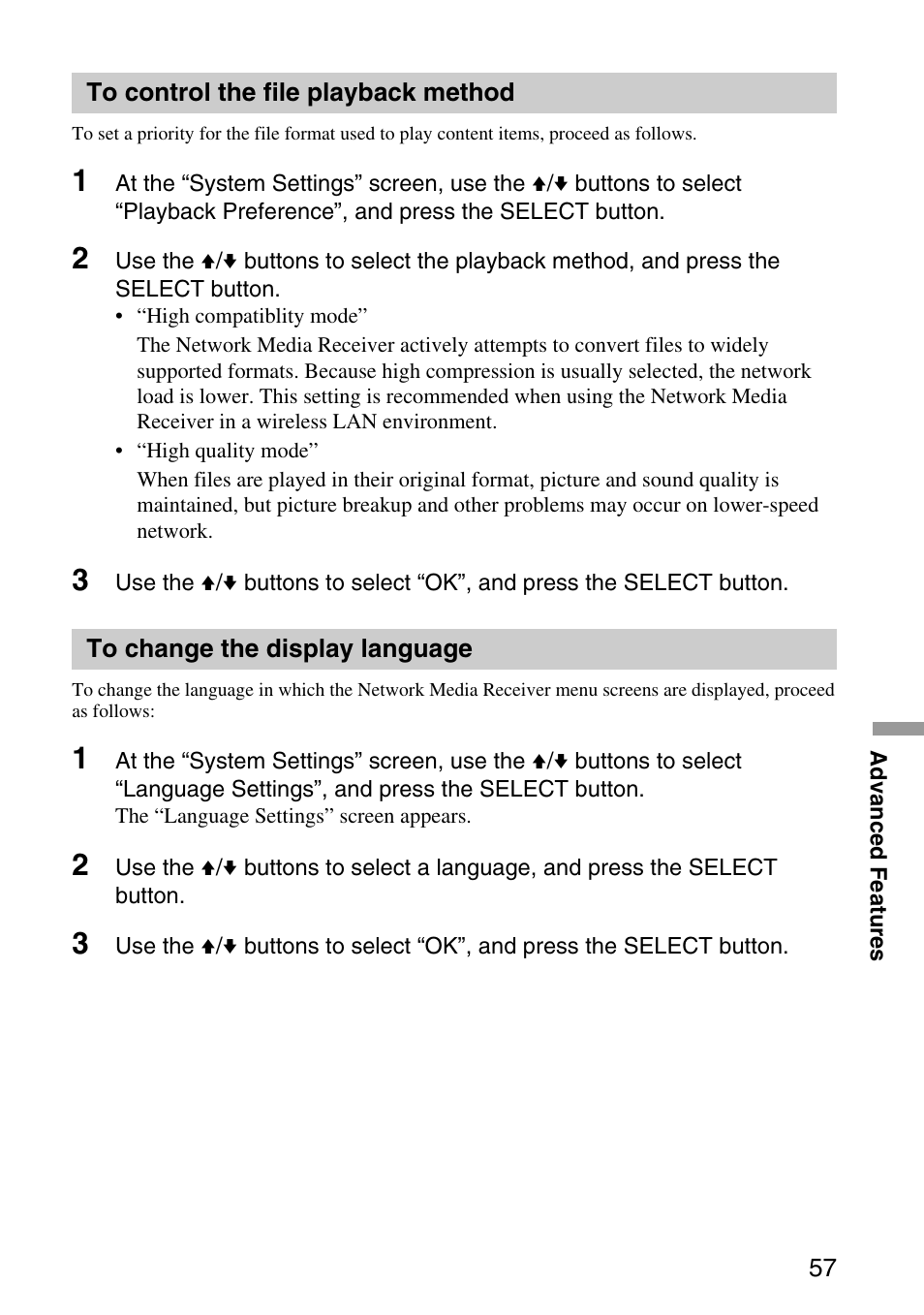 To control the file playback method, To change the display language, To select the tv type to control the file playback | Method | Sony VGP-MR100 User Manual | Page 57 / 69