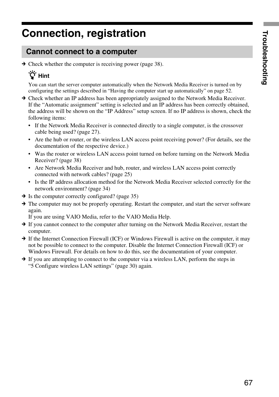 Connection, registration, Cannot connect to a computer | Sony VGP-MR100 User Manual | Page 67 / 69