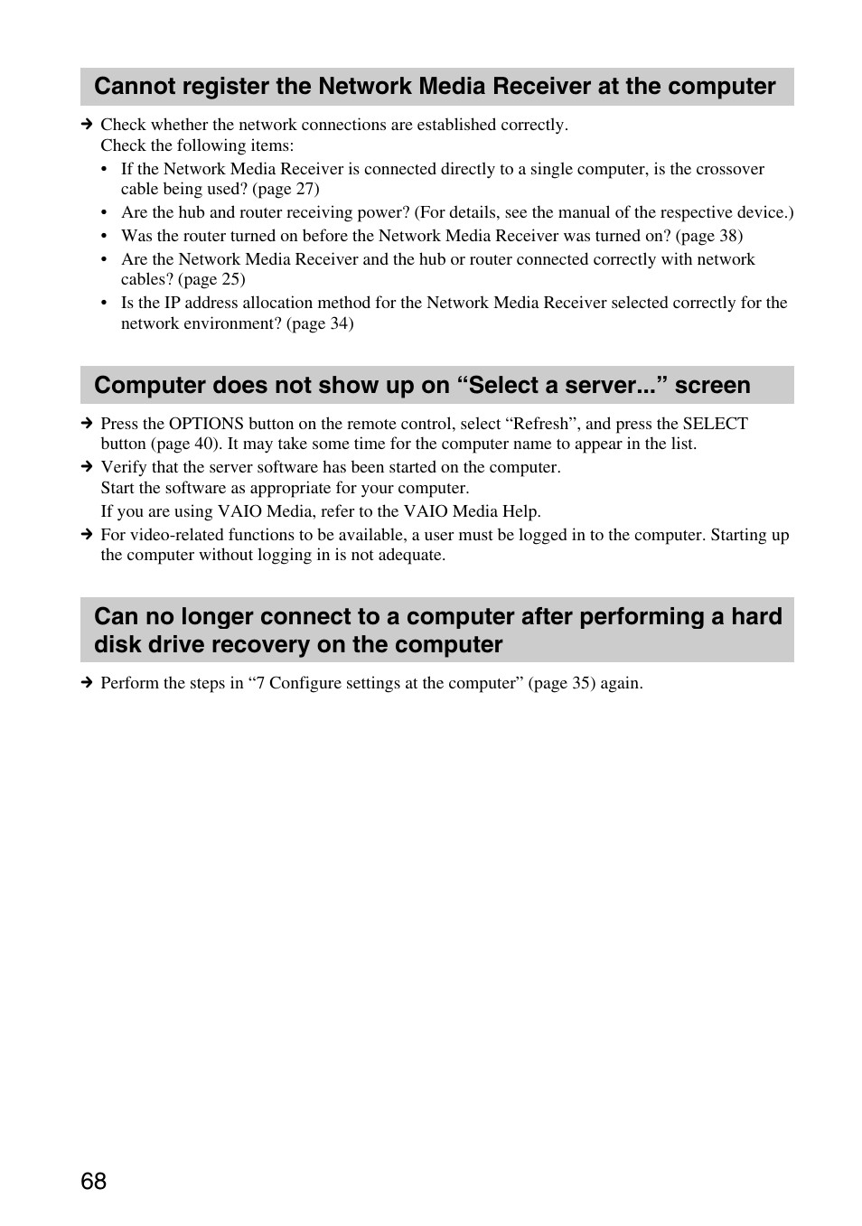 Cannot register the network media, Receiver at the computer, Computer does not show up on | Select a server...” screen, Can no longer connect to a computer | Sony VGP-MR100 User Manual | Page 68 / 69