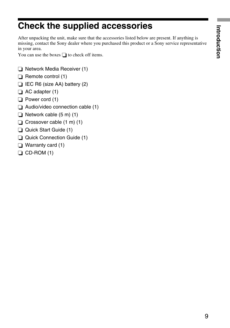 Check the supplied accessories | Sony VGP-MR100 User Manual | Page 9 / 69