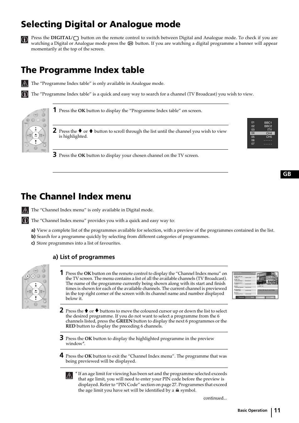 Selecting digital or analogue mode, The programme index table, The channel index menu | 11 gb, A) list of programmes | Sony KP-44DX2 User Manual | Page 11 / 40