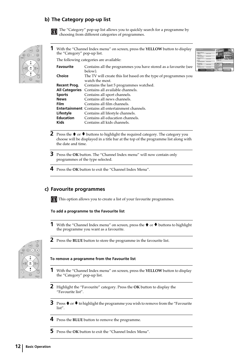 12 b) the category pop-up list, C) favourite programmes | Sony KP-44DX2 User Manual | Page 12 / 40