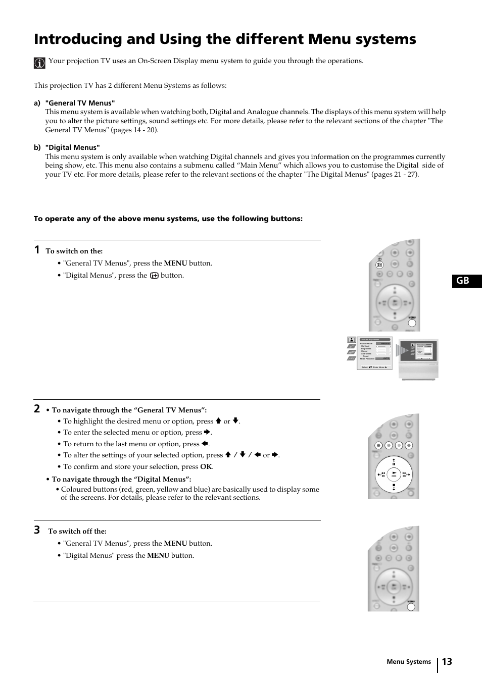 Introducing and using the different menu systems, 13 gb | Sony KP-44DX2 User Manual | Page 13 / 40