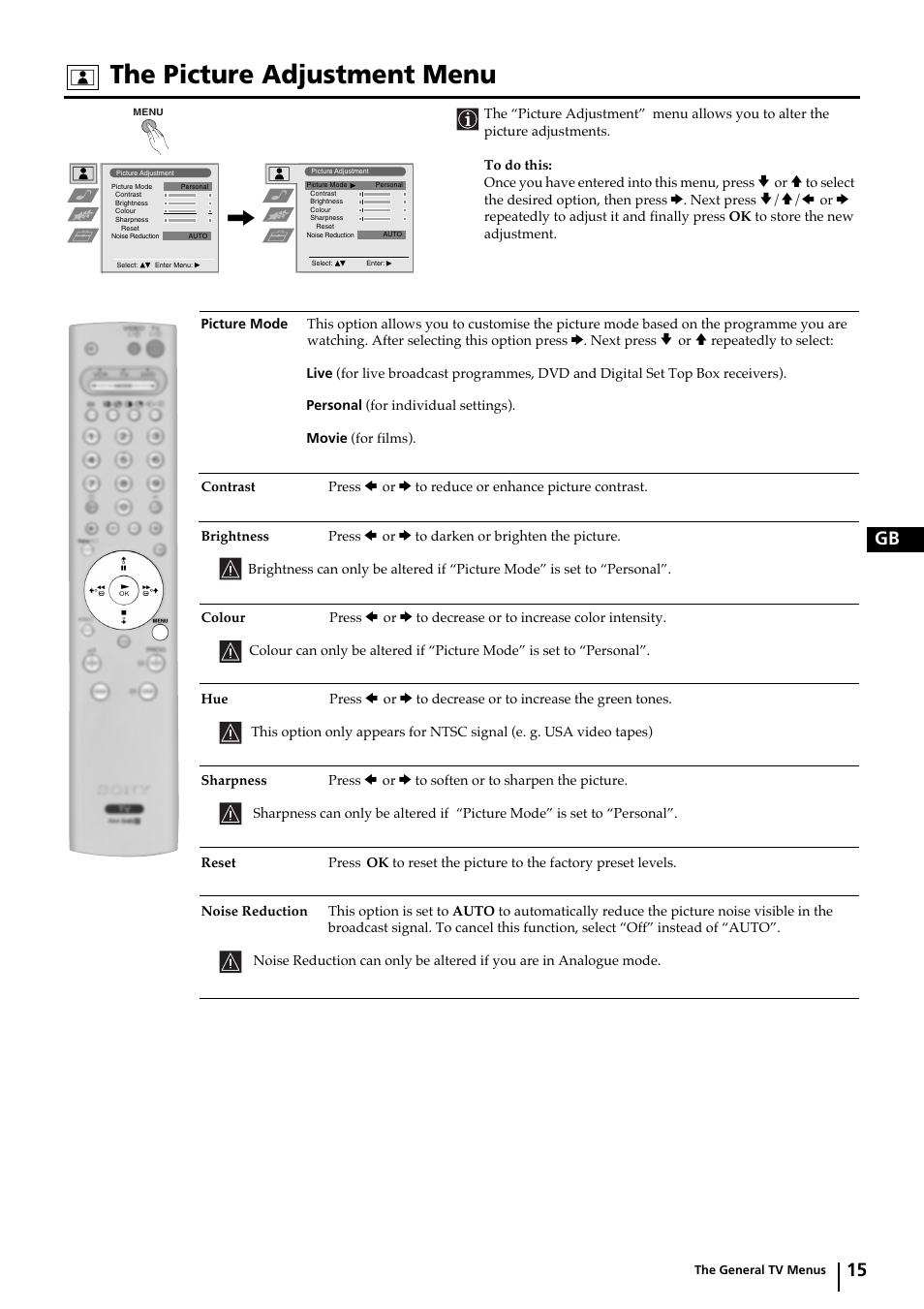 The picture adjustment menu, 15 gb | Sony KP-44DX2 User Manual | Page 15 / 40