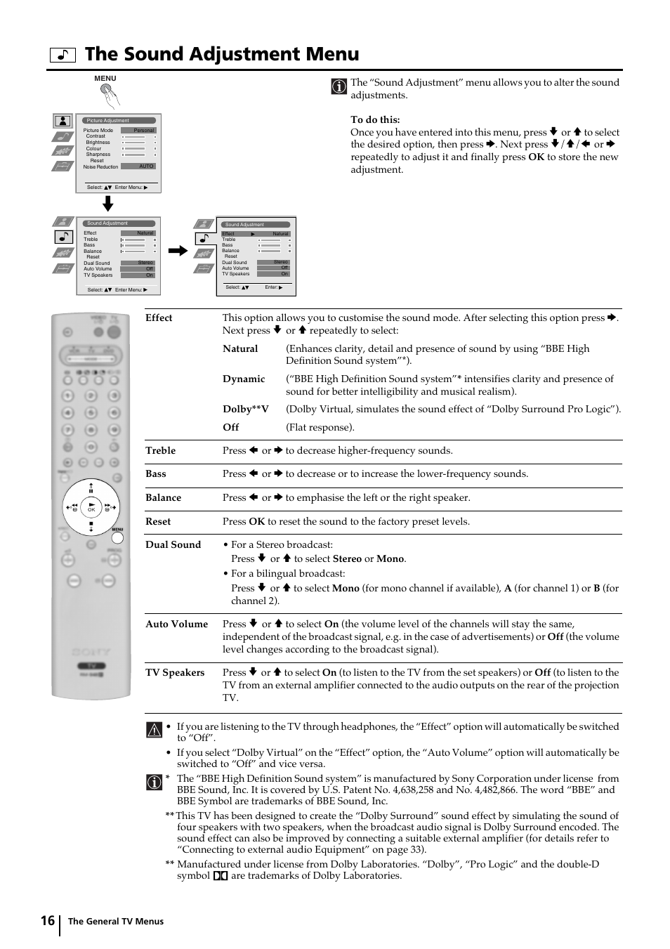 The sound adjustment menu | Sony KP-44DX2 User Manual | Page 16 / 40