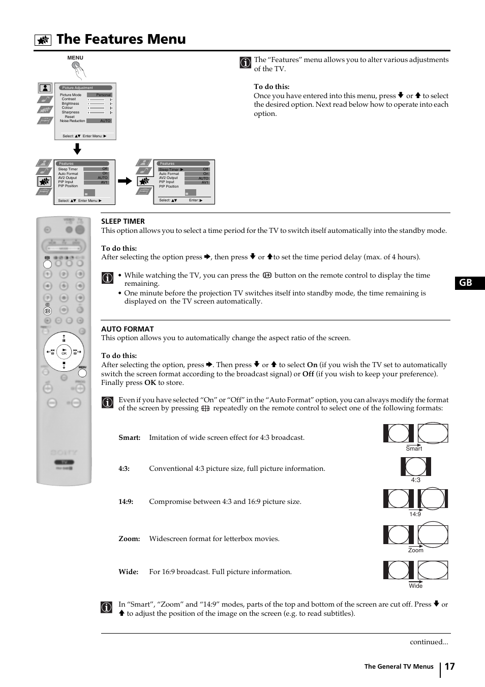 The features menu, 17 gb | Sony KP-44DX2 User Manual | Page 17 / 40