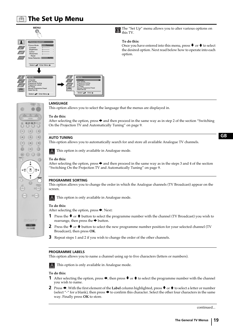 The set up menu, 19 gb | Sony KP-44DX2 User Manual | Page 19 / 40