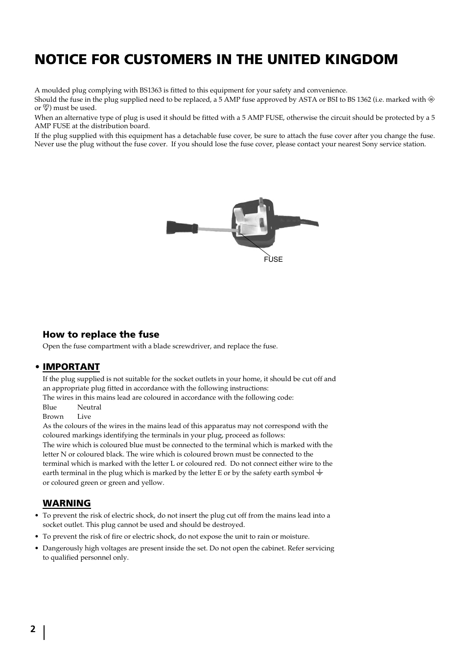 Notice for customers in the united kingdom | Sony KP-44DX2 User Manual | Page 2 / 40