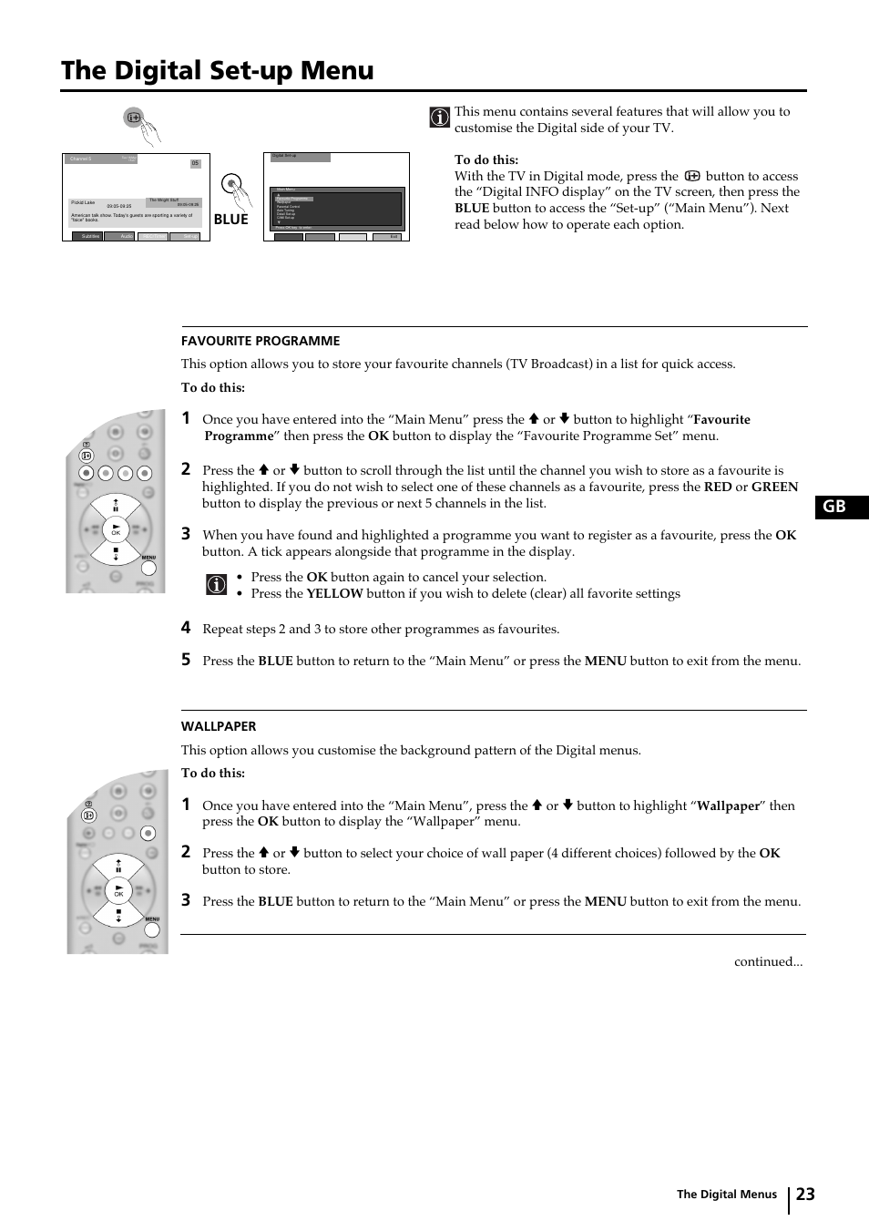 The digital set-up menu, 23 gb | Sony KP-44DX2 User Manual | Page 23 / 40