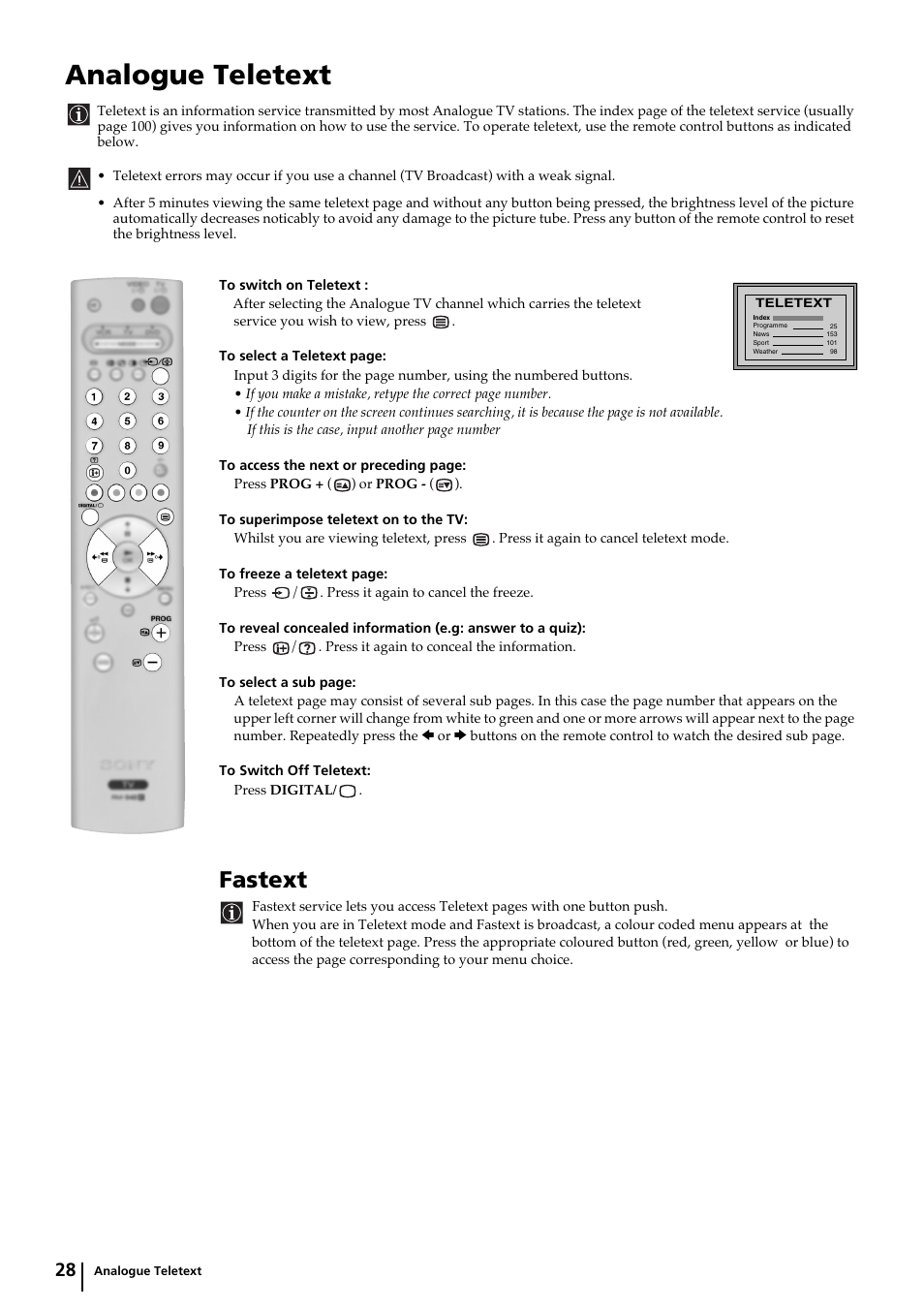 Analogue teletext, Fastext | Sony KP-44DX2 User Manual | Page 28 / 40