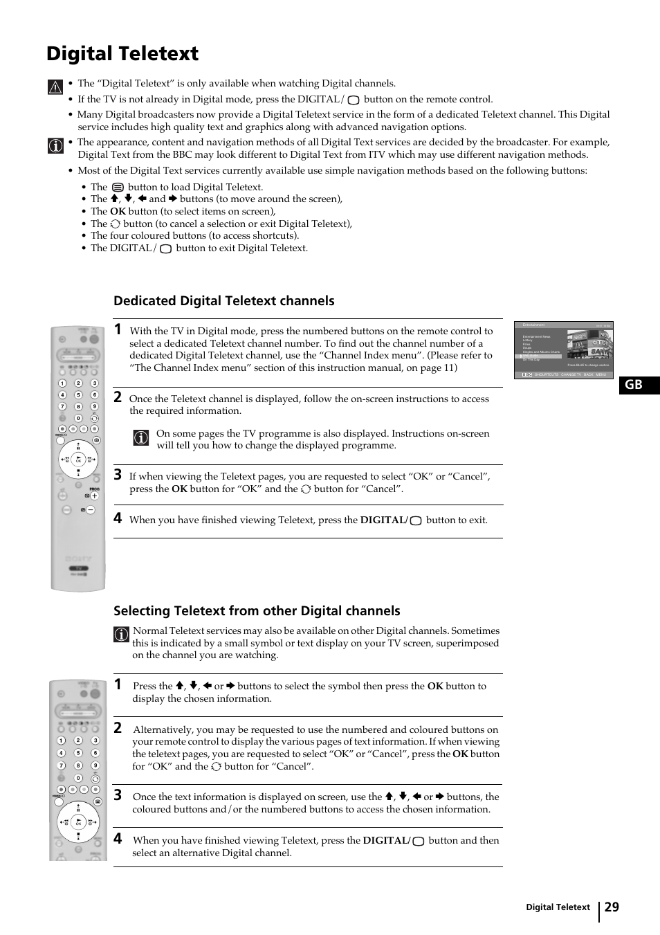 Digital teletext, 29 gb, Dedicated digital teletext channels | Selecting teletext from other digital channels | Sony KP-44DX2 User Manual | Page 29 / 40