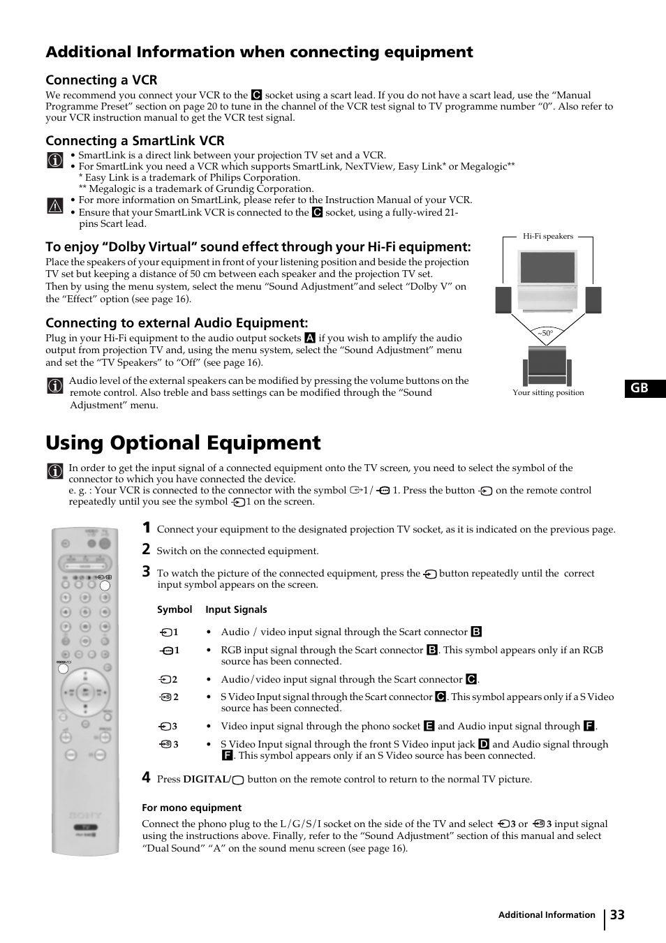 Using optional equipment, Additional information when connecting equipment, 33 gb | Connecting a vcr, Connecting a smartlink vcr, Connecting to external audio equipment | Sony KP-44DX2 User Manual | Page 33 / 40