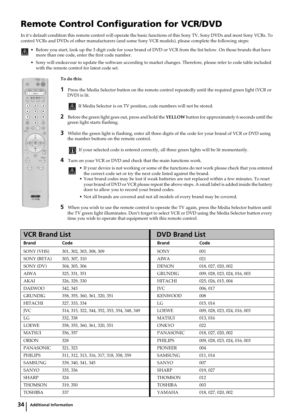 Remote control configuration for vcr/dvd, Vcr brand list dvd brand list | Sony KP-44DX2 User Manual | Page 34 / 40