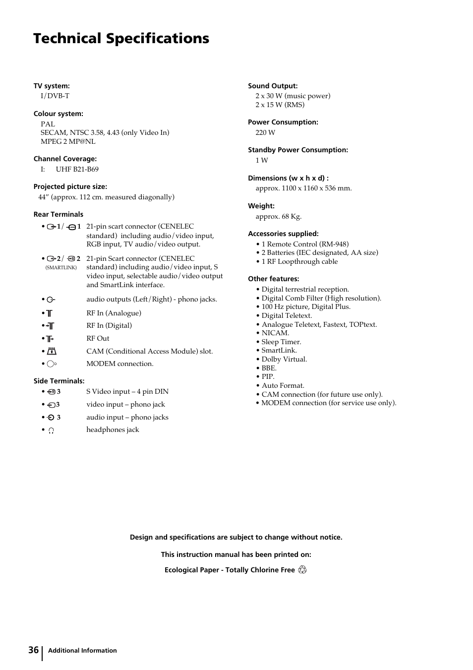 Technical specifications | Sony KP-44DX2 User Manual | Page 36 / 40